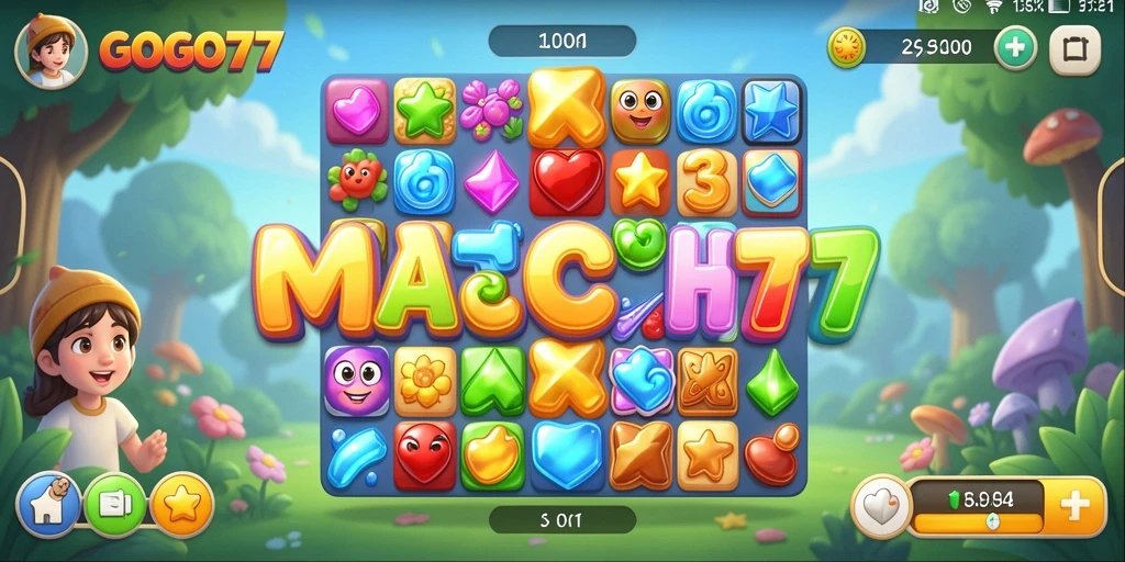 Screenshot utama GOGO77 menampilkan gameplay Match-3 yang seru.
