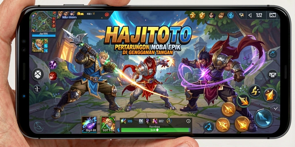 Gameplay HAJITOTO menampilkan aksi pertarungan MOBA yang mendebarkan dan strategis.