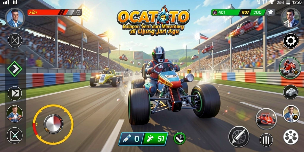 Tampilan gameplay OCATOTO menampilkan balapan seru penuh aksi.