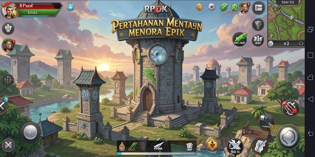 Tangkapan layar utama RPOK menampilkan aksi menara dalam gameplay Tower Defense.