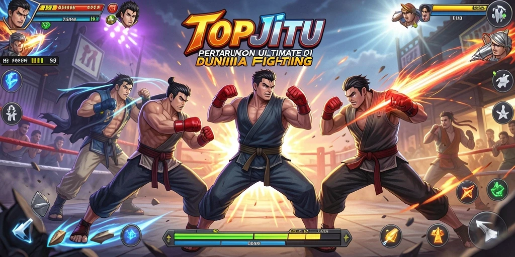 Screenshot utama menunjukkan pertarungan seru di arena TOPJITU.